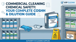 Organized janitorial supply room with Quattro and Q-Eco chemicals, a COSHH safety folder, and PPE highlighting commercial cleaning chemical safety.